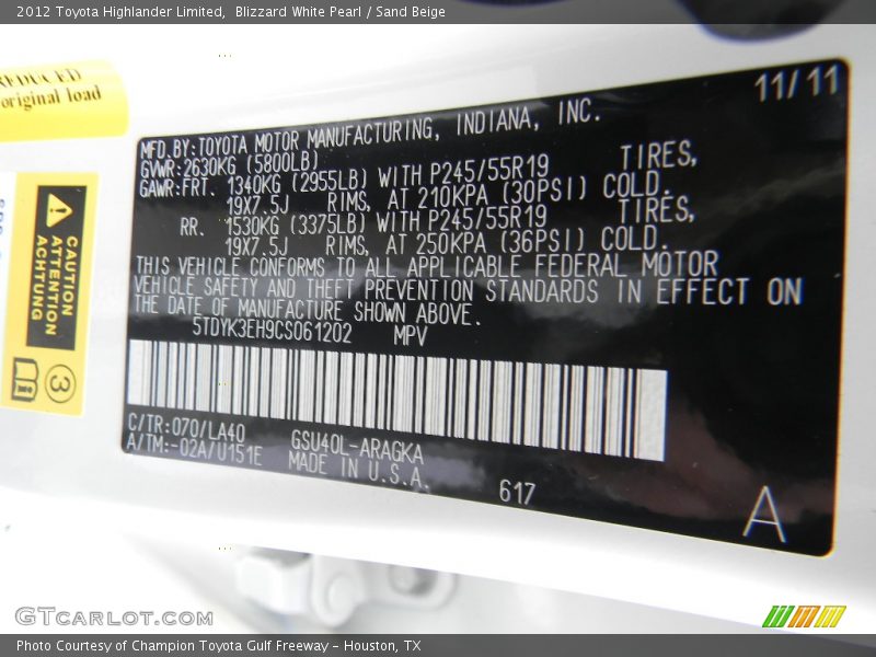 Blizzard White Pearl / Sand Beige 2012 Toyota Highlander Limited