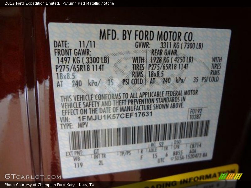 2012 Expedition Limited Autumn Red Metallic Color Code GT