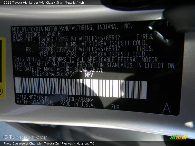 Classic Silver Metallic / Ash 2012 Toyota Highlander V6