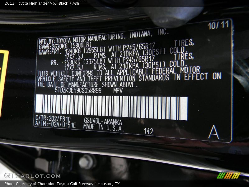 Black / Ash 2012 Toyota Highlander V6