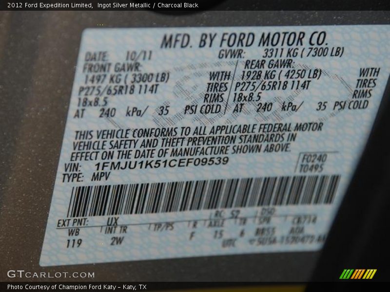 2012 Expedition Limited Ingot Silver Metallic Color Code UX