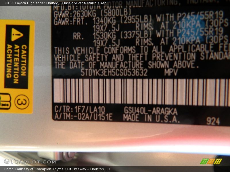 Classic Silver Metallic / Ash 2012 Toyota Highlander Limited