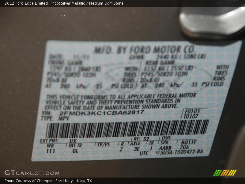 Ingot Silver Metallic / Medium Light Stone 2012 Ford Edge Limited