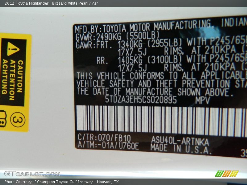 Blizzard White Pearl / Ash 2012 Toyota Highlander