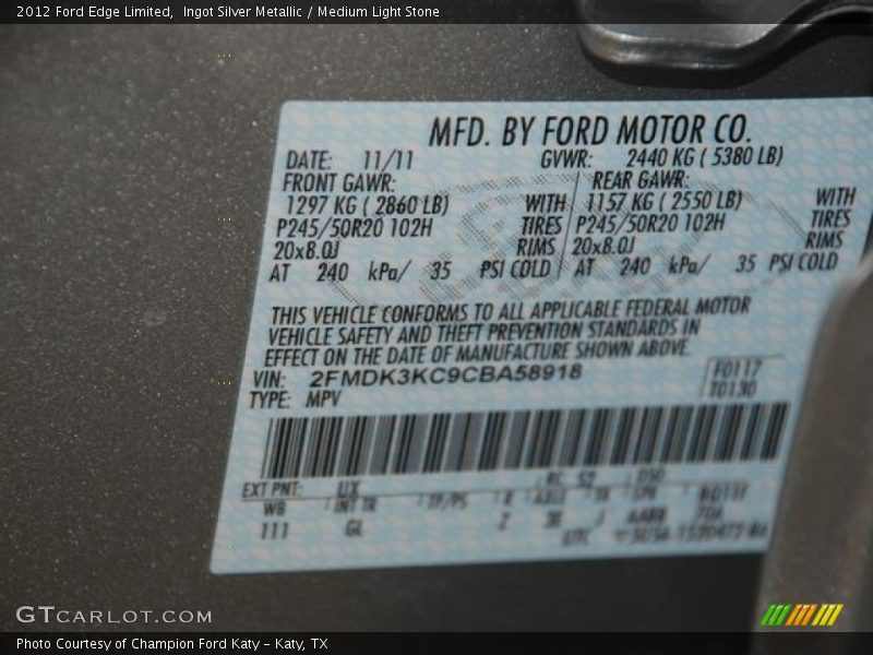 Ingot Silver Metallic / Medium Light Stone 2012 Ford Edge Limited
