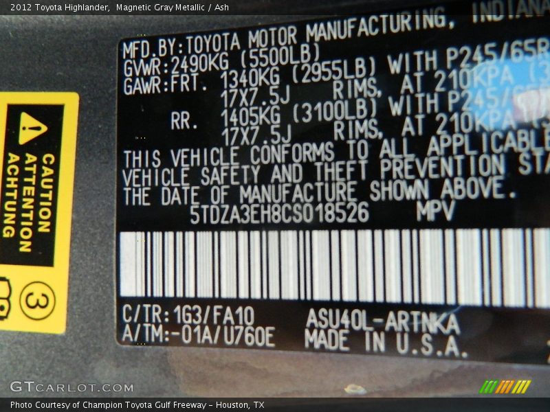 Magnetic Gray Metallic / Ash 2012 Toyota Highlander