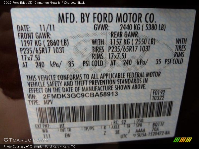 Cinnamon Metallic / Charcoal Black 2012 Ford Edge SE