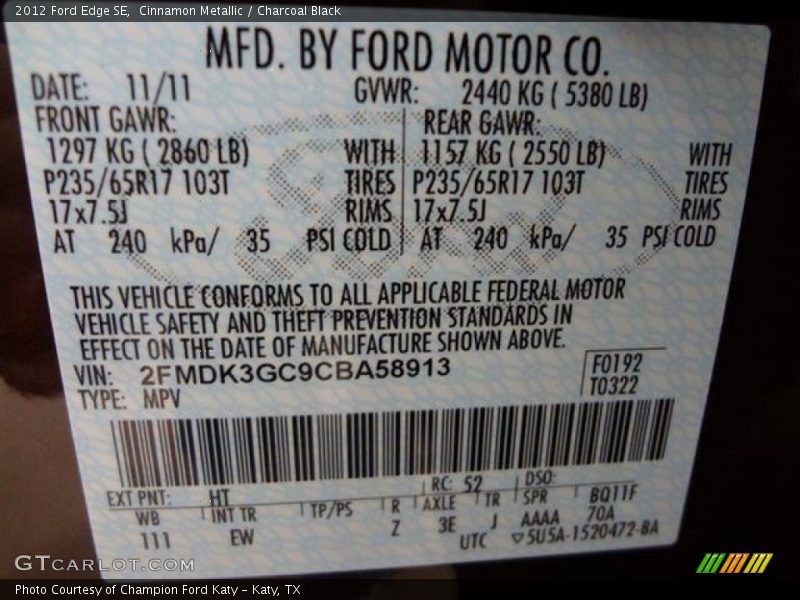 Cinnamon Metallic / Charcoal Black 2012 Ford Edge SE