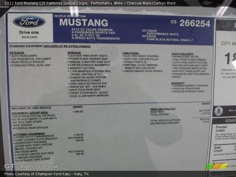  2012 Mustang C/S California Special Coupe Window Sticker