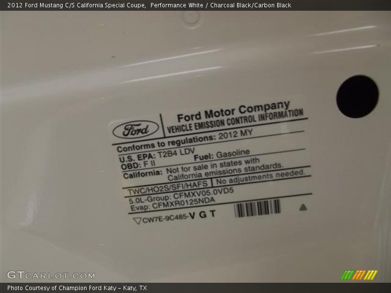 Info Tag of 2012 Mustang C/S California Special Coupe