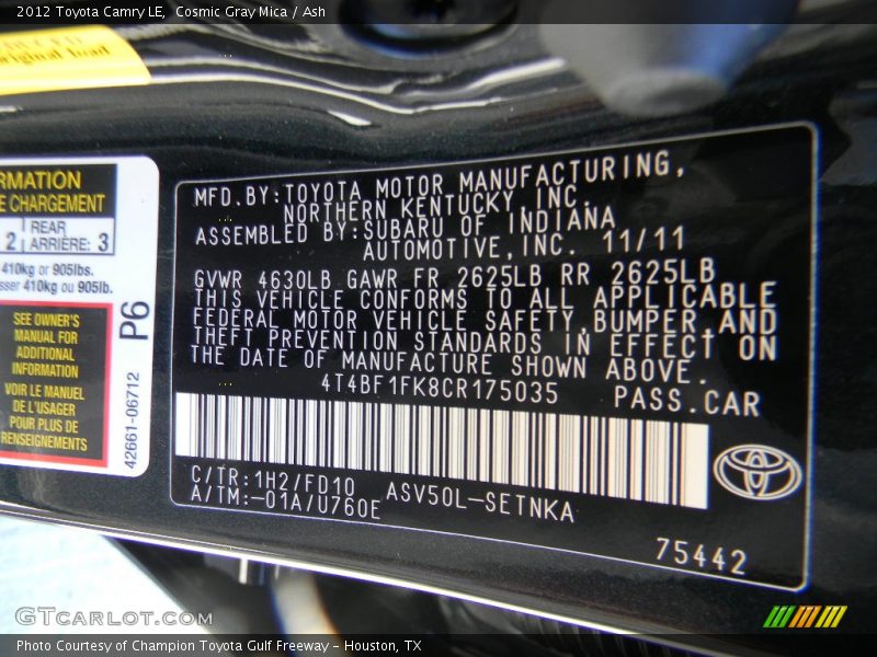 Cosmic Gray Mica / Ash 2012 Toyota Camry LE