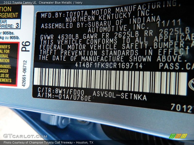 2012 Camry LE Clearwater Blue Metallic Color Code 8W1