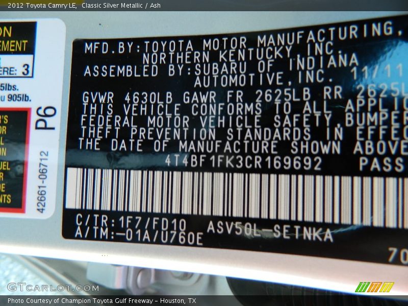 Classic Silver Metallic / Ash 2012 Toyota Camry LE
