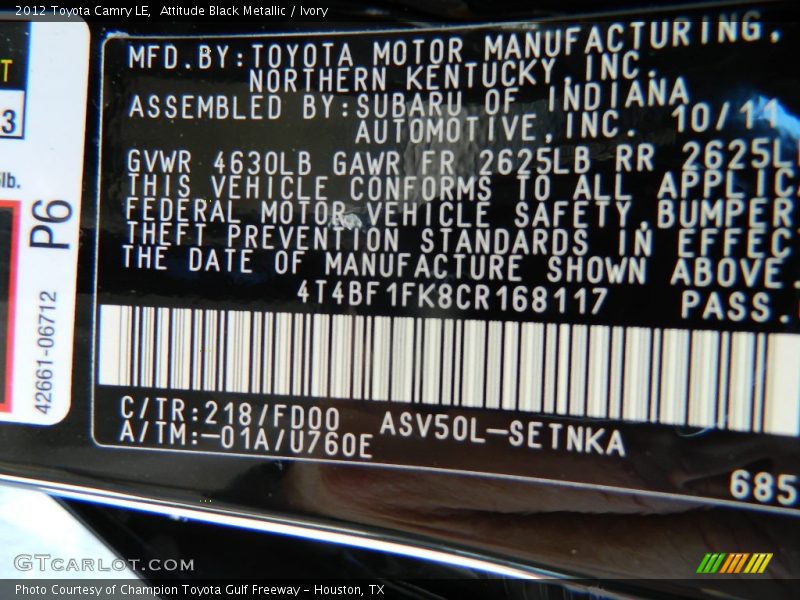 Attitude Black Metallic / Ivory 2012 Toyota Camry LE