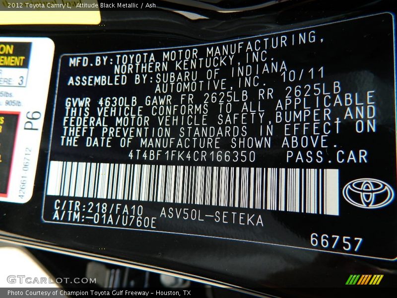 Attitude Black Metallic / Ash 2012 Toyota Camry L