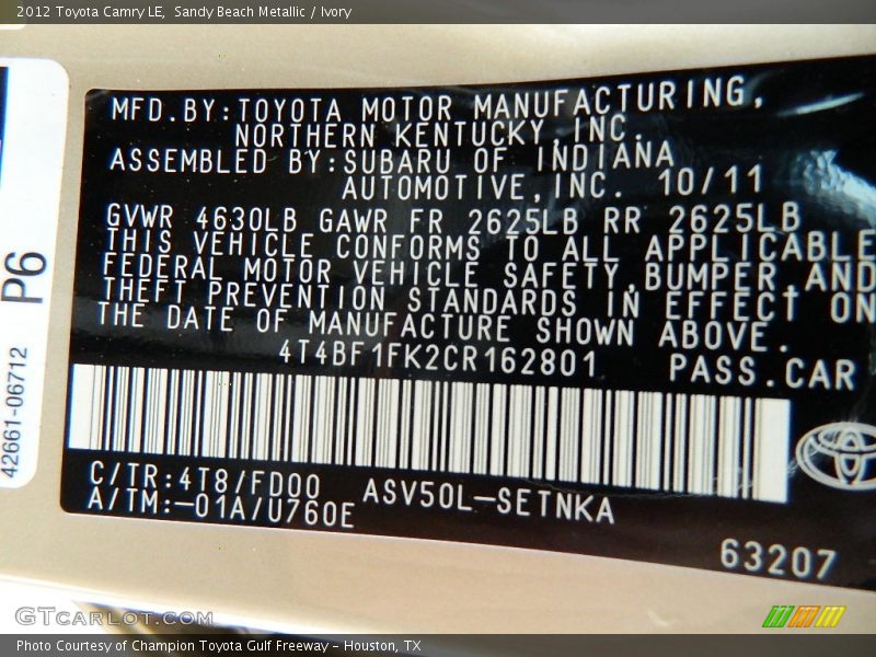 2012 Camry LE Sandy Beach Metallic Color Code 4T8