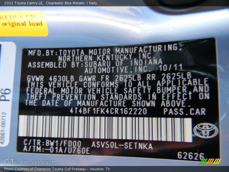 Clearwater Blue Metallic / Ivory 2012 Toyota Camry LE