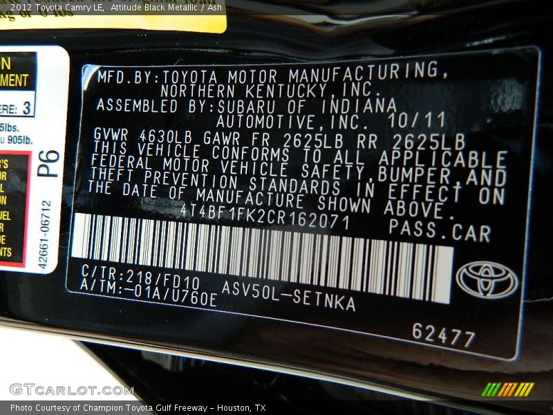 Attitude Black Metallic / Ash 2012 Toyota Camry LE