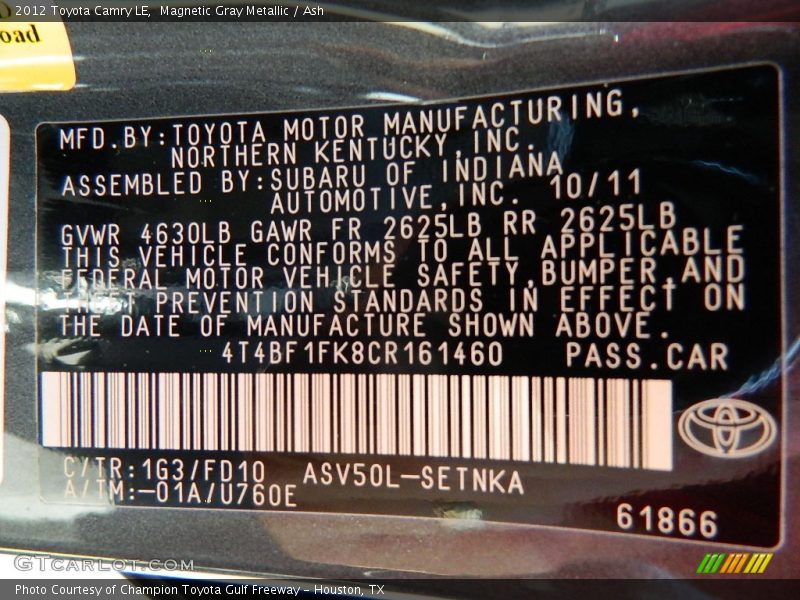 Magnetic Gray Metallic / Ash 2012 Toyota Camry LE