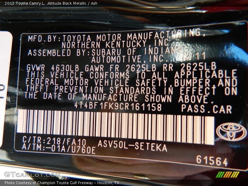 Attitude Black Metallic / Ash 2012 Toyota Camry L