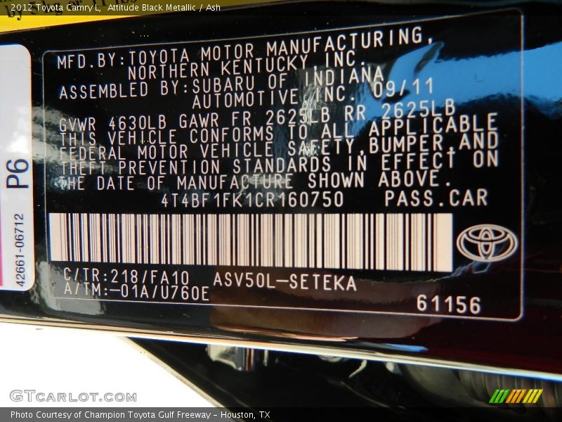 Attitude Black Metallic / Ash 2012 Toyota Camry L