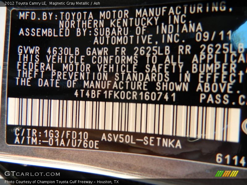 Magnetic Gray Metallic / Ash 2012 Toyota Camry LE