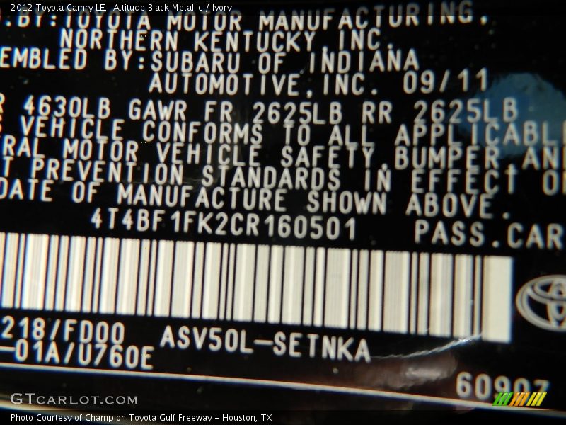 Attitude Black Metallic / Ivory 2012 Toyota Camry LE