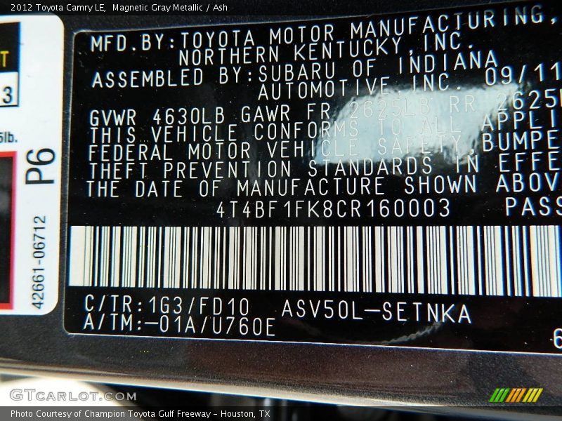 Magnetic Gray Metallic / Ash 2012 Toyota Camry LE