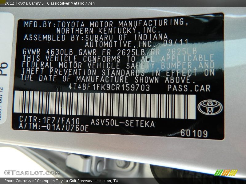 Classic Silver Metallic / Ash 2012 Toyota Camry L