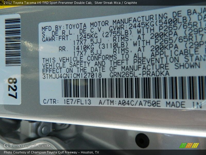 2012 Tacoma V6 TRD Sport Prerunner Double Cab Silver Streak Mica Color Code 1E7