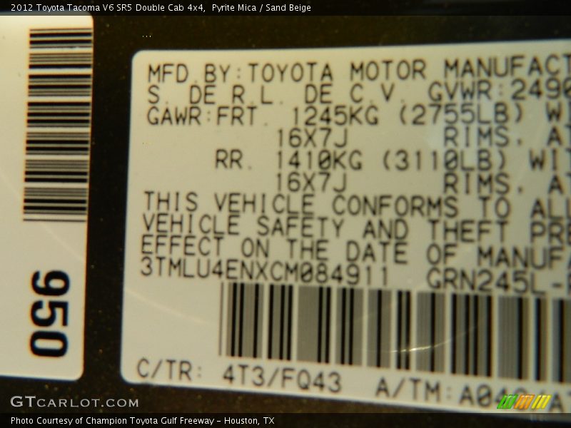 2012 Tacoma V6 SR5 Double Cab 4x4 Pyrite Mica Color Code 4T3