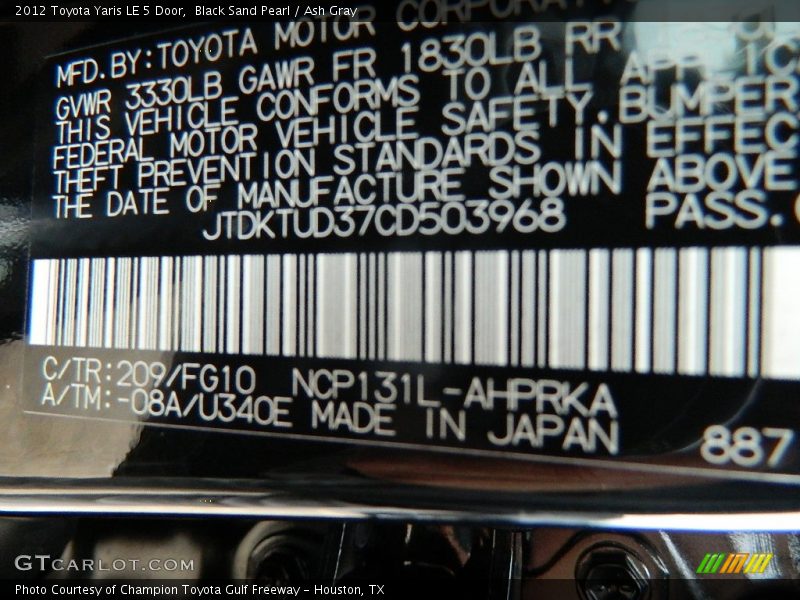 2012 Yaris LE 5 Door Black Sand Pearl Color Code 209