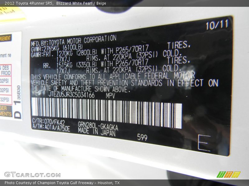 Blizzard White Pearl / Beige 2012 Toyota 4Runner SR5