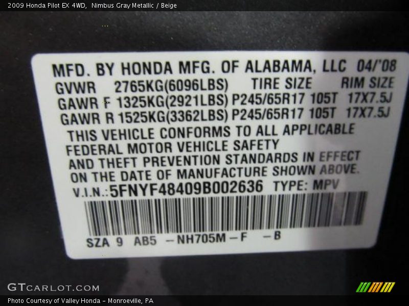 Nimbus Gray Metallic / Beige 2009 Honda Pilot EX 4WD