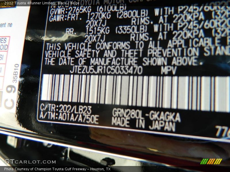 Black / Beige 2012 Toyota 4Runner Limited