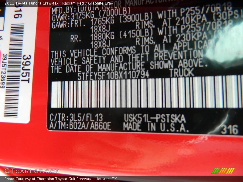 Radiant Red / Graphite Gray 2011 Toyota Tundra CrewMax