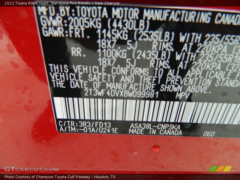 2011 RAV4 Sport Barcelona Red Metallic Color Code 3R3