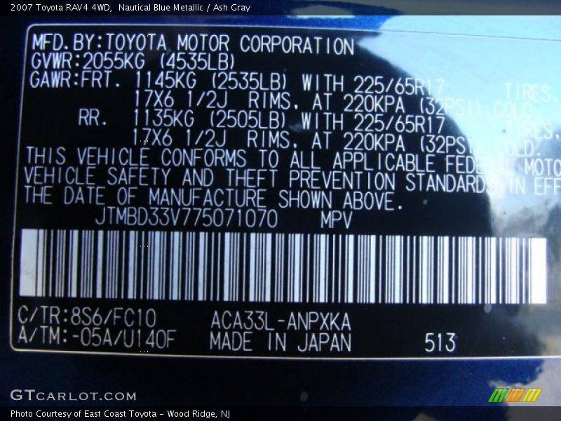2007 RAV4 4WD Nautical Blue Metallic Color Code 8S6