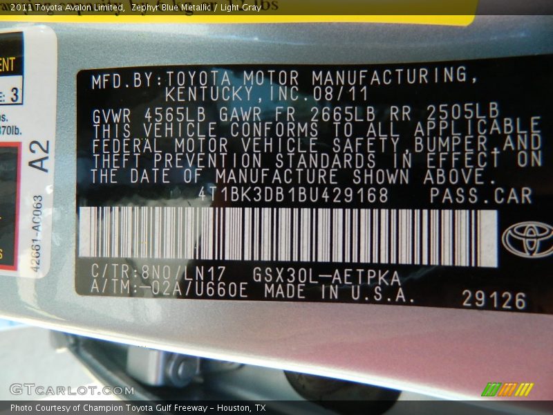Zephyr Blue Metallic / Light Gray 2011 Toyota Avalon Limited