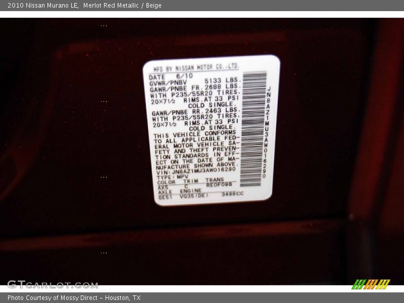 2010 Murano LE Merlot Red Metallic Color Code AX5