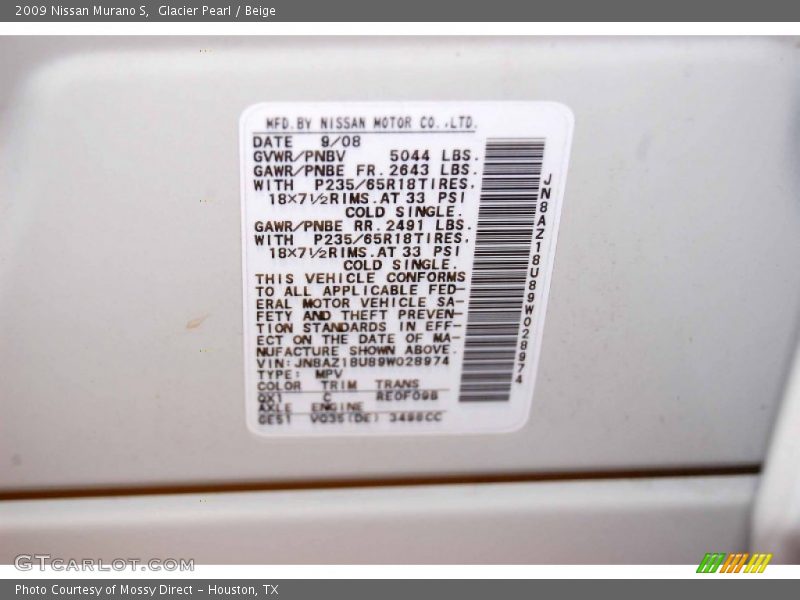 Glacier Pearl / Beige 2009 Nissan Murano S