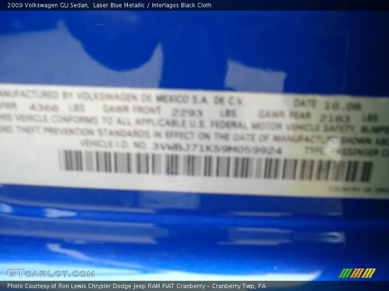 Laser Blue Metallic / Interlagos Black Cloth 2009 Volkswagen GLI Sedan