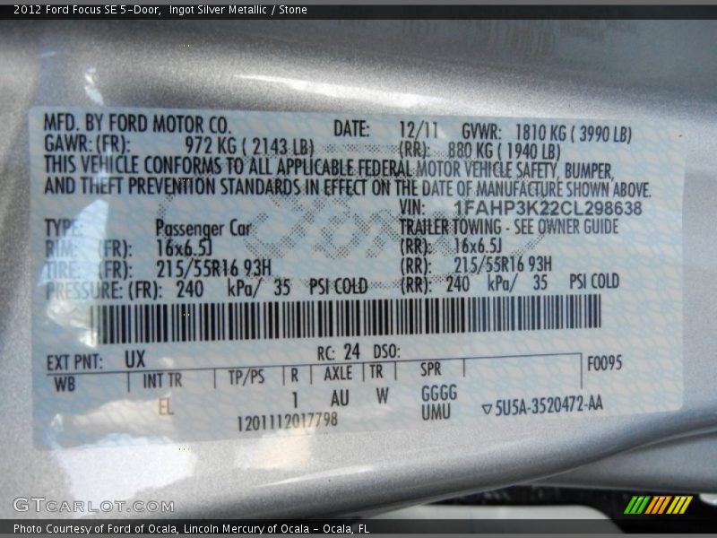 Ingot Silver Metallic / Stone 2012 Ford Focus SE 5-Door