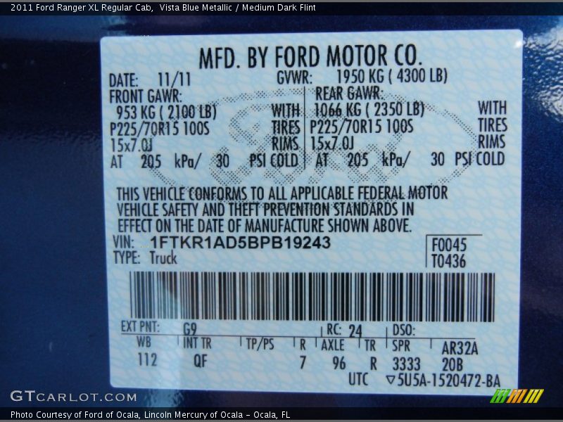 2011 Ranger XL Regular Cab Vista Blue Metallic Color Code G9