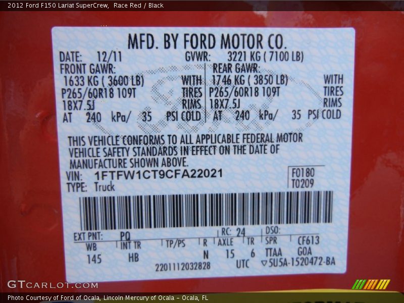 2012 F150 Lariat SuperCrew Race Red Color Code PQ