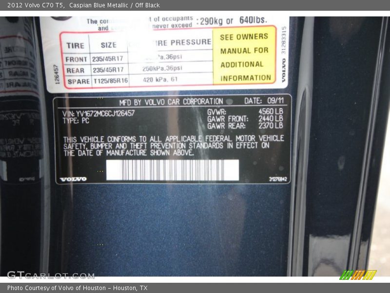 Caspian Blue Metallic / Off Black 2012 Volvo C70 T5