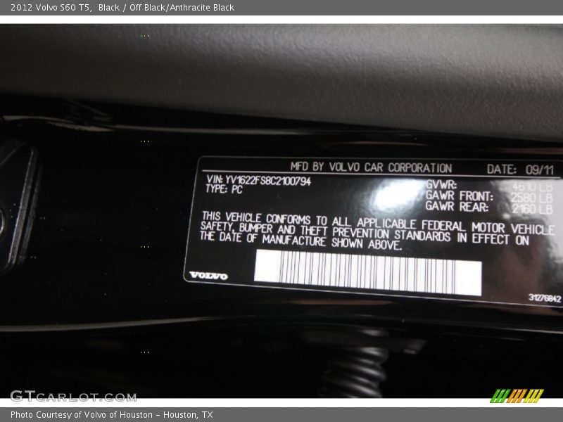 Black / Off Black/Anthracite Black 2012 Volvo S60 T5