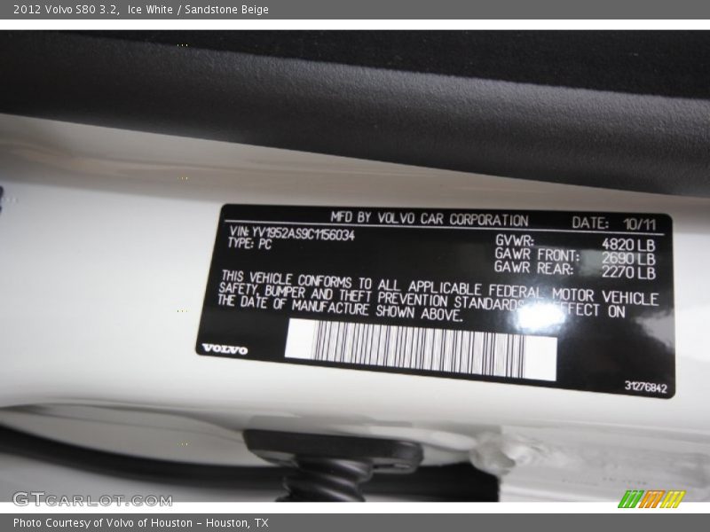 Ice White / Sandstone Beige 2012 Volvo S80 3.2