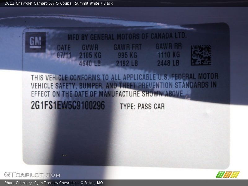 Summit White / Black 2012 Chevrolet Camaro SS/RS Coupe