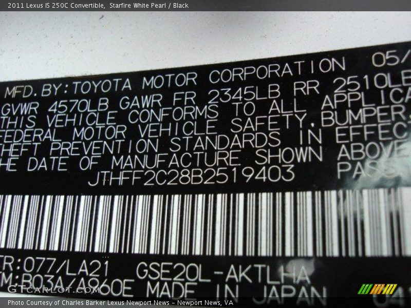 2011 IS 250C Convertible Starfire White Pearl Color Code 077
